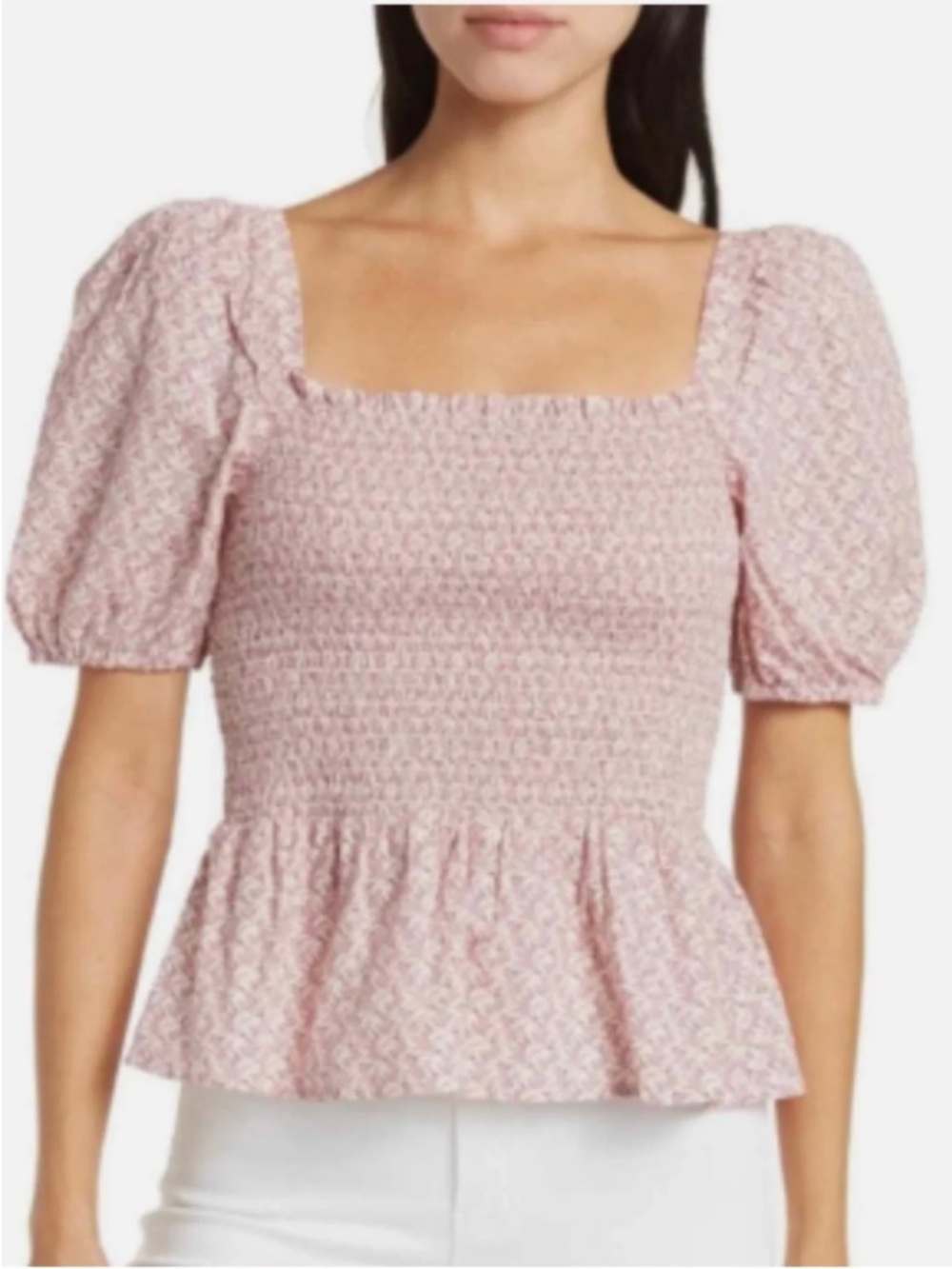 French Connection Smocked Puff Sleeve Cotton Peplum Top